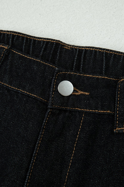 Black Embroidered Scalloped Trim Relaxed Denim Shorts