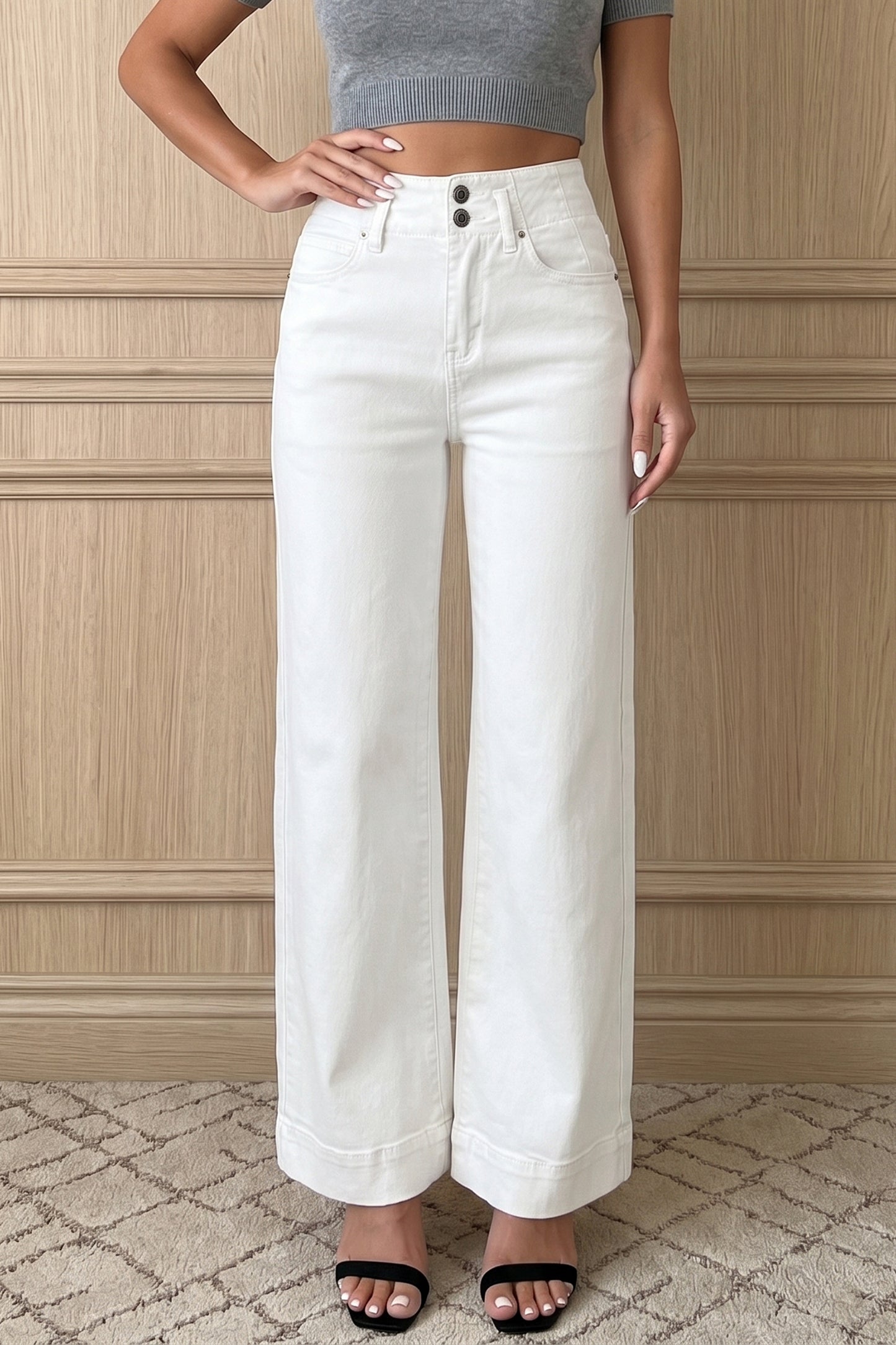 White 2-Button High Waist Wide Leg Jeans
