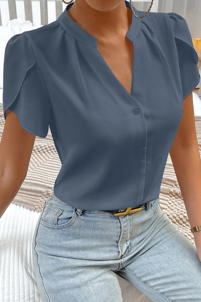 White Button Notched Neck Petal Sleeve Blouse