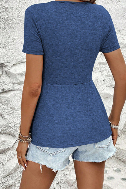 Sail Blue Twist Knot V Neck Short Sleeve Blouse
