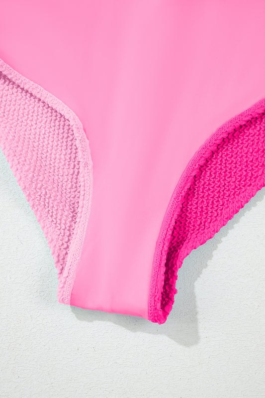 Pink Corded Colorblock Square Neck Bikini Swimsuit