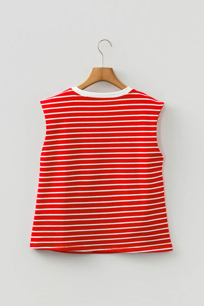 Brown Stripe Ribbed Round Neck Trim Loose Tank Top
