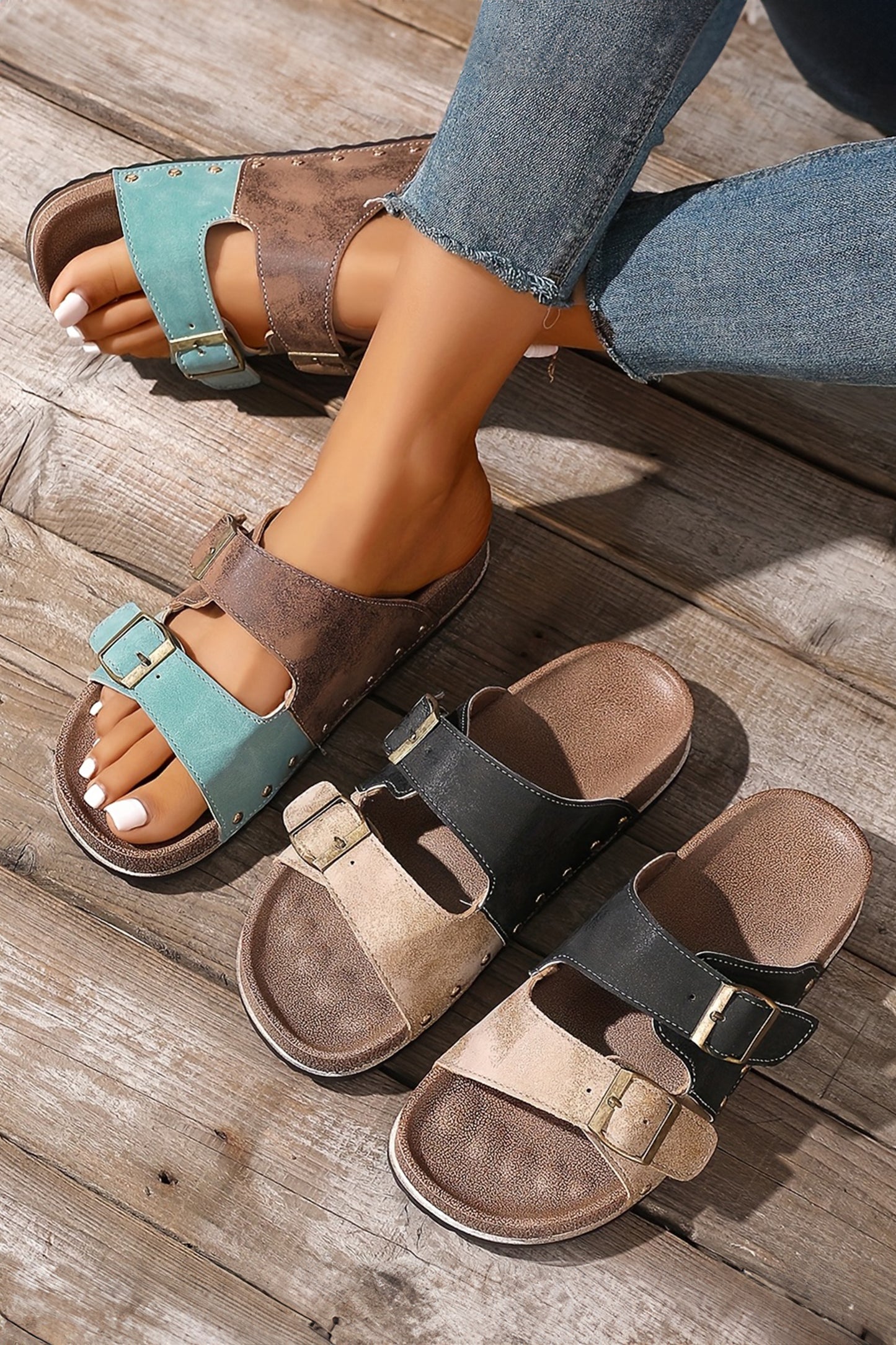 Color black Two-tone Flag Retro Buckle Straps Hollowed Faux Suede Slippers