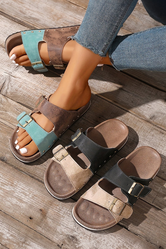 Color black Two-tone Flag Retro Buckle Straps Hollowed Faux Suede Slippers