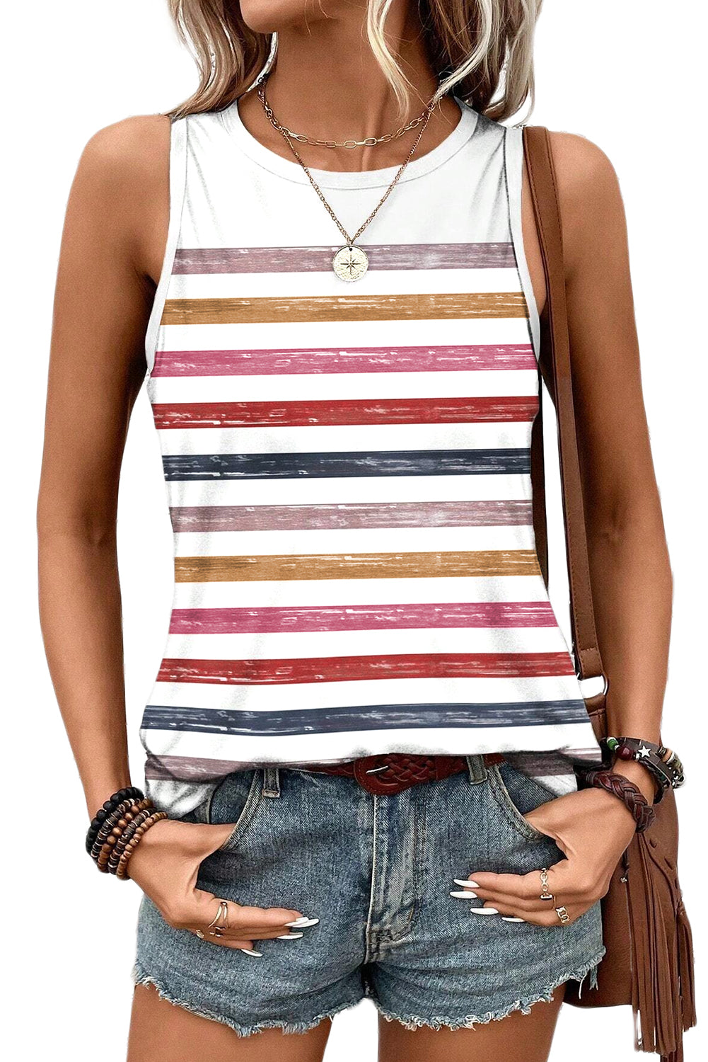 Red Rainbow Striped Round Neck Tank Top