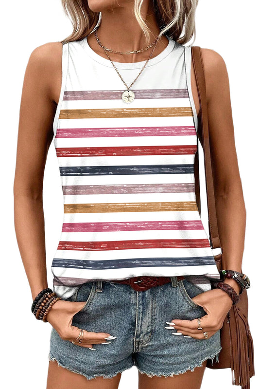 Red Rainbow Striped Round Neck Tank Top