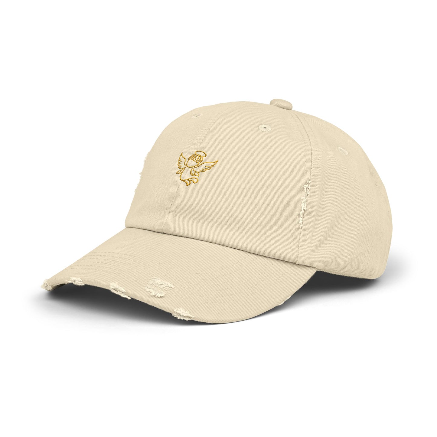 Distressed Black Cap with Gold Cherub Embroidery – Vintage Angel Baseball Hat