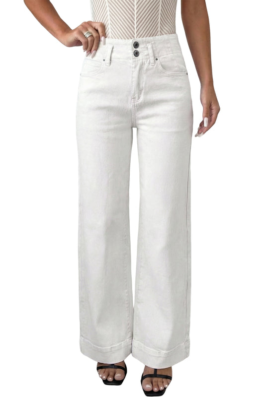 White 2-Button High Waist Wide Leg Jeans
