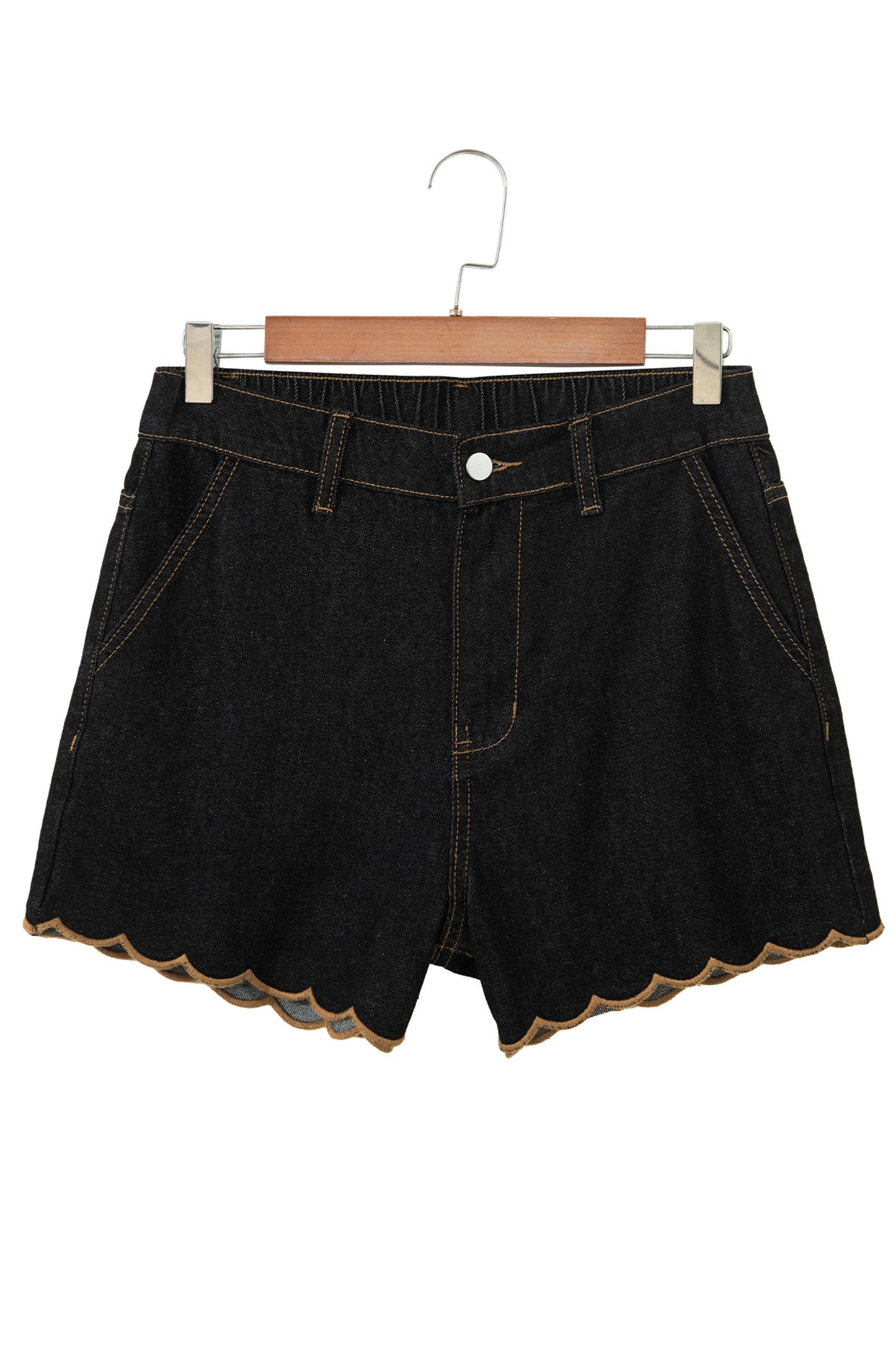 Black Embroidered Scalloped Trim Relaxed Denim Shorts