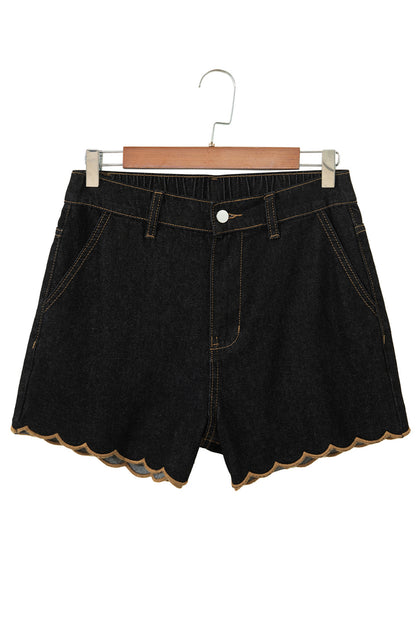 Black Embroidered Scalloped Trim Relaxed Denim Shorts