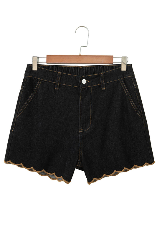 Black Embroidered Scalloped Trim Relaxed Denim Shorts