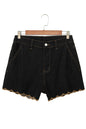 Black Embroidered Scalloped Trim Relaxed Denim Shorts
