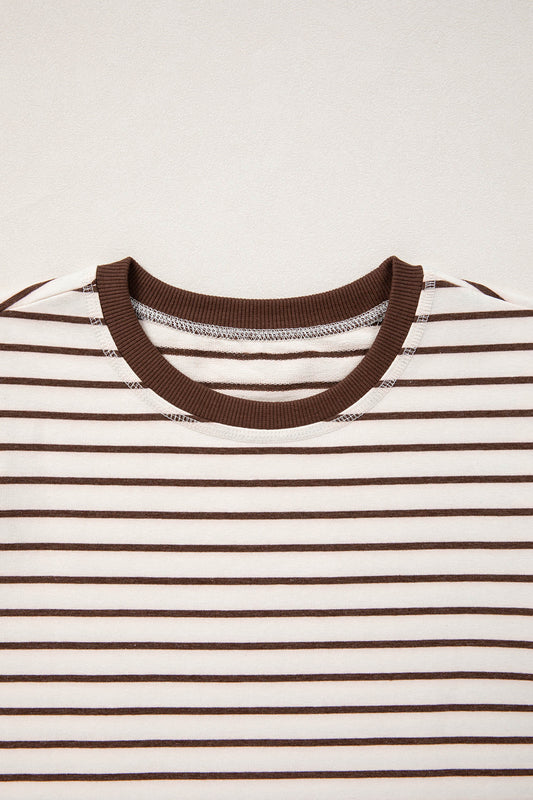 Brown Stripe Ribbed Round Neck Trim Loose Tank Top