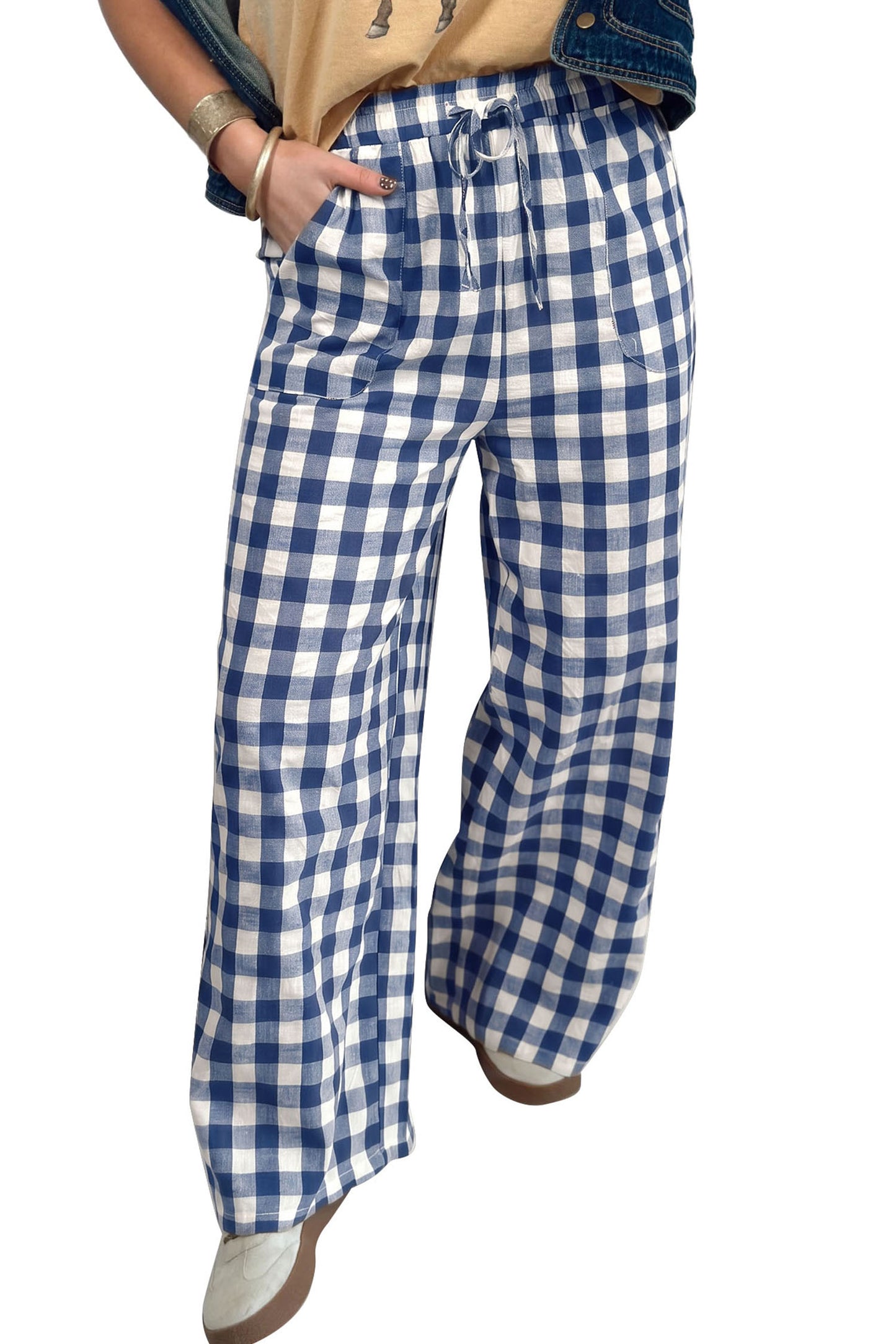 Brown Gingham Plaid Tie Elastic Waist Shift Pants