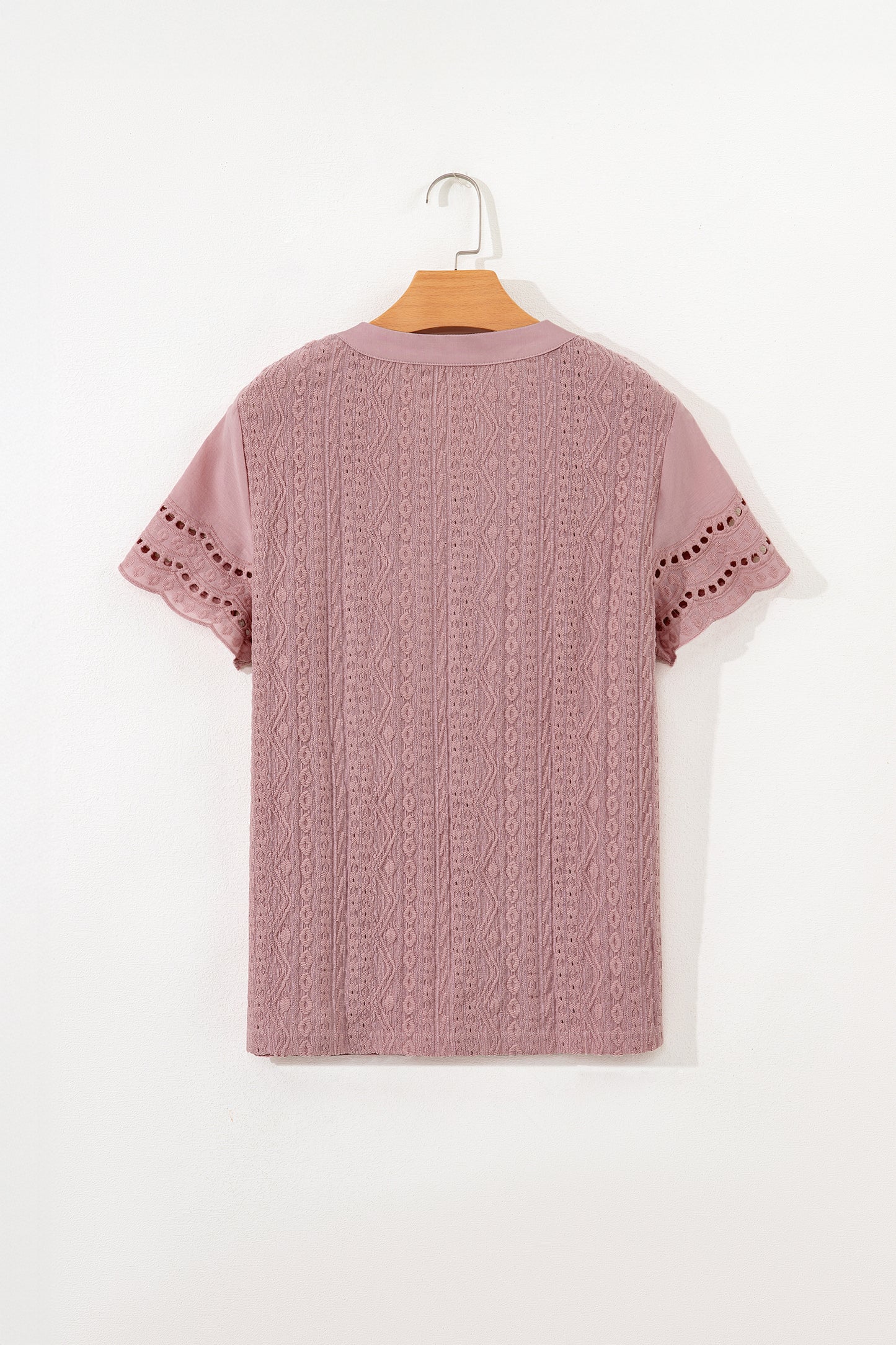 Fushia Textured Embroidered Half Buttons Short Sleeve Blouse