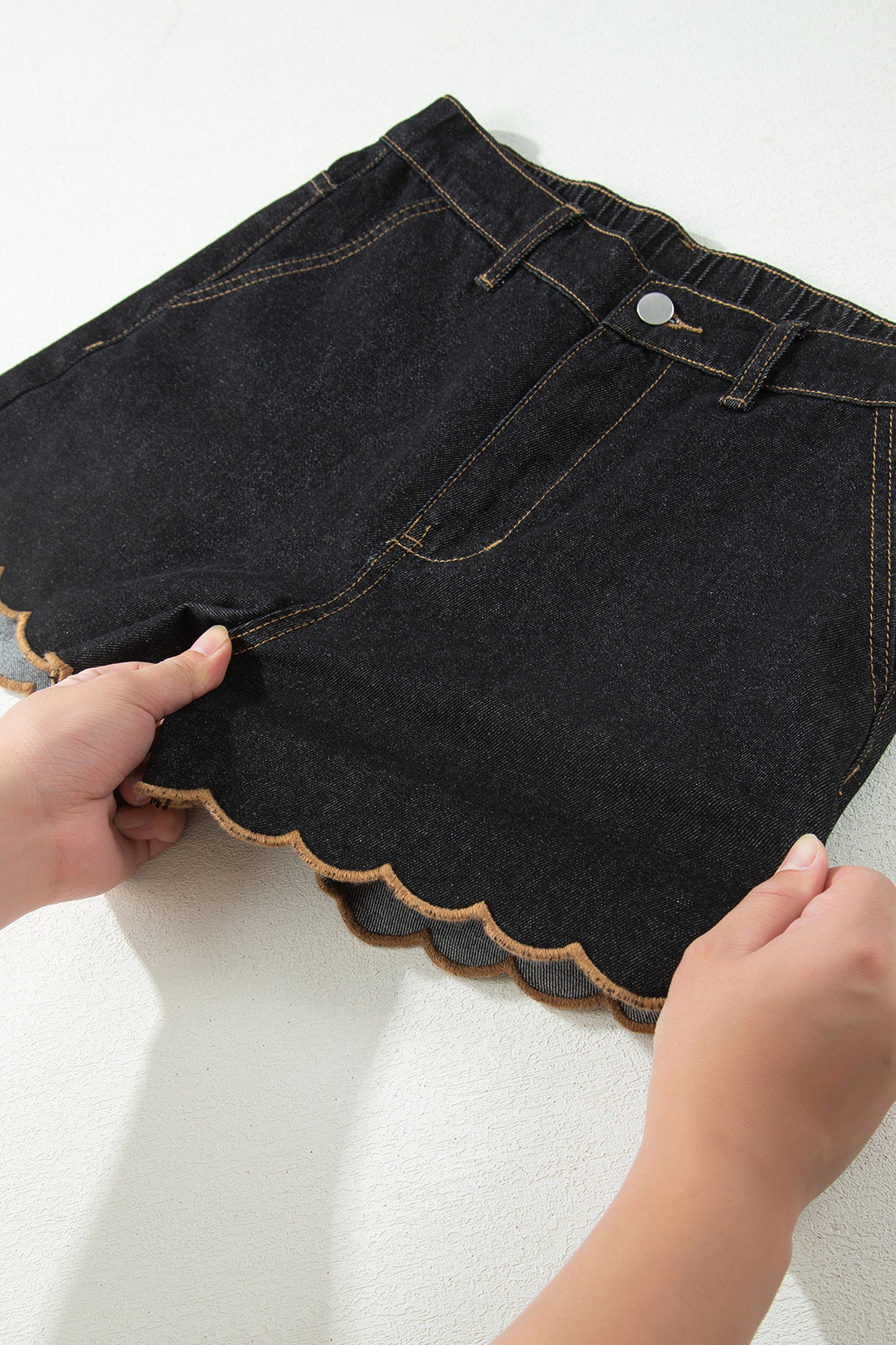 Black Embroidered Scalloped Trim Relaxed Denim Shorts