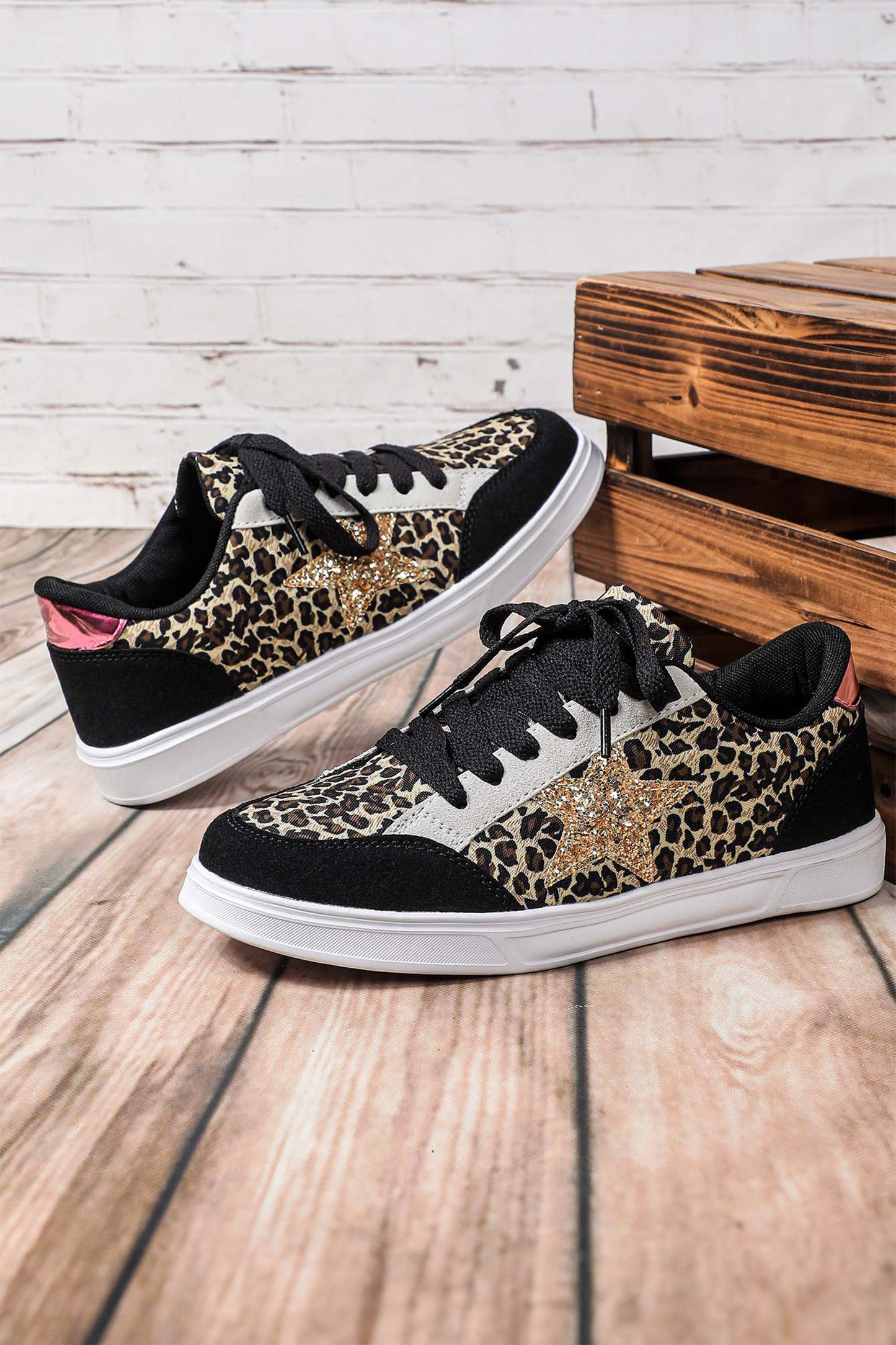 Black Stylish Color Block Glitter Star Patchwork Lace-up Flat Shoes