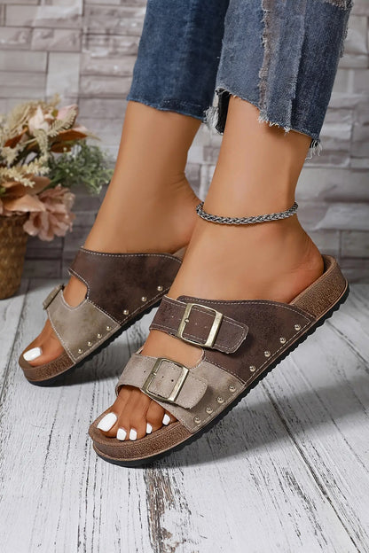 Color black Two-tone Flag Retro Buckle Straps Hollowed Faux Suede Slippers
