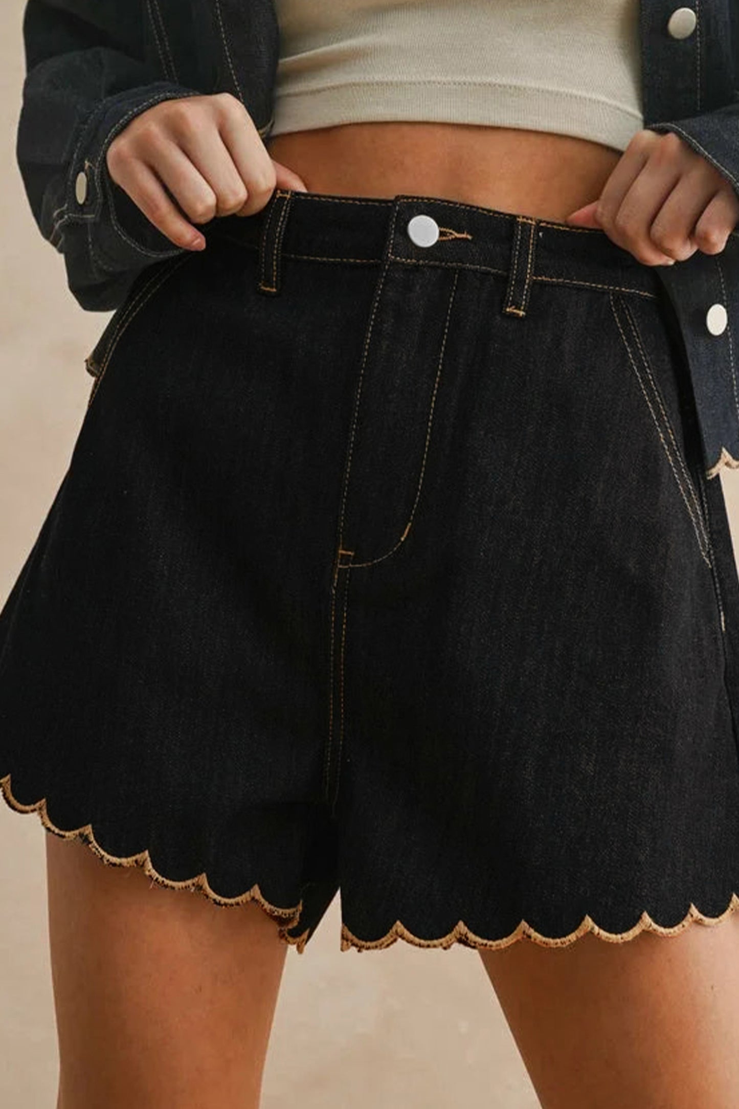 Black Embroidered Scalloped Trim Relaxed Denim Shorts