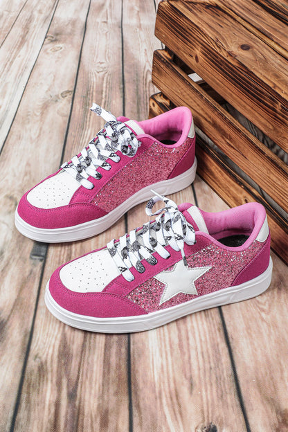 Black Stylish Color Block Glitter Star Patchwork Lace-up Flat Shoes