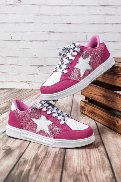 Black Stylish Color Block Glitter Star Patchwork Lace-up Flat Shoes