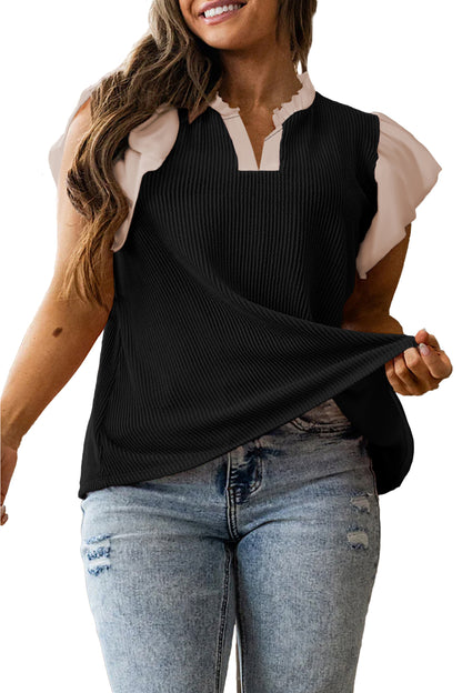 Vineyard Green Plus Size Contrast Frilled Neckline Ruffled Short Sleeve Ribbed Textured Blouse
