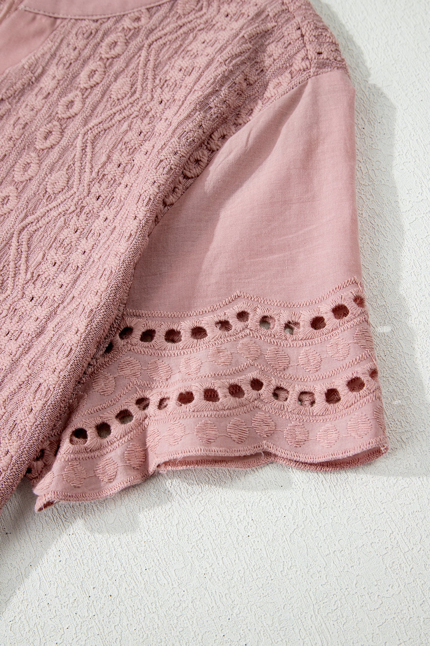 Fushia Textured Embroidered Half Buttons Short Sleeve Blouse