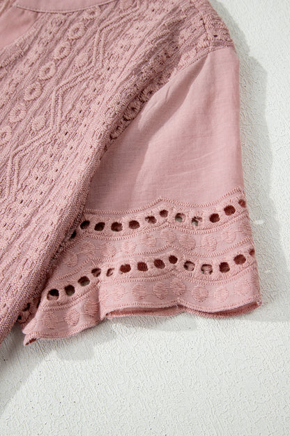 Fushia Textured Embroidered Half Buttons Short Sleeve Blouse