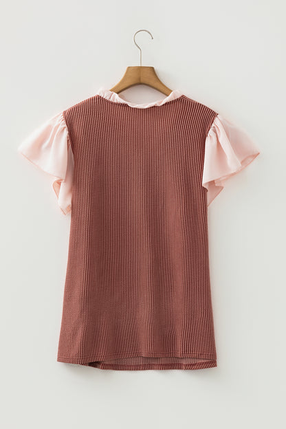 Vineyard Green Plus Size Contrast Frilled Neckline Ruffled Short Sleeve Ribbed Textured Blouse