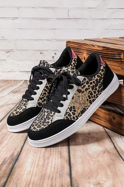 Black Stylish Color Block Glitter Star Patchwork Lace-up Flat Shoes