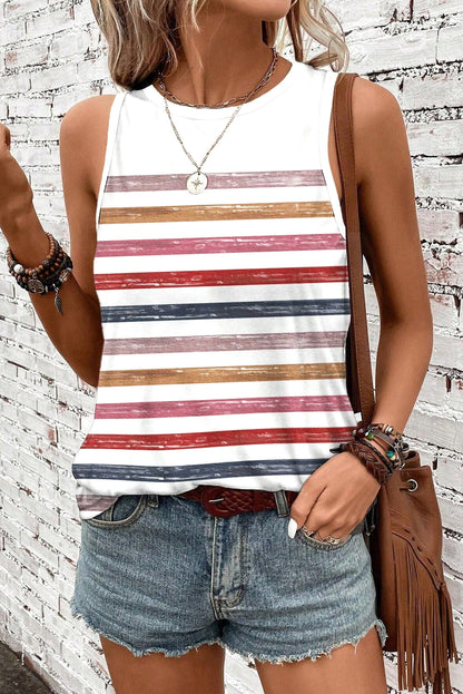 Red Rainbow Striped Round Neck Tank Top