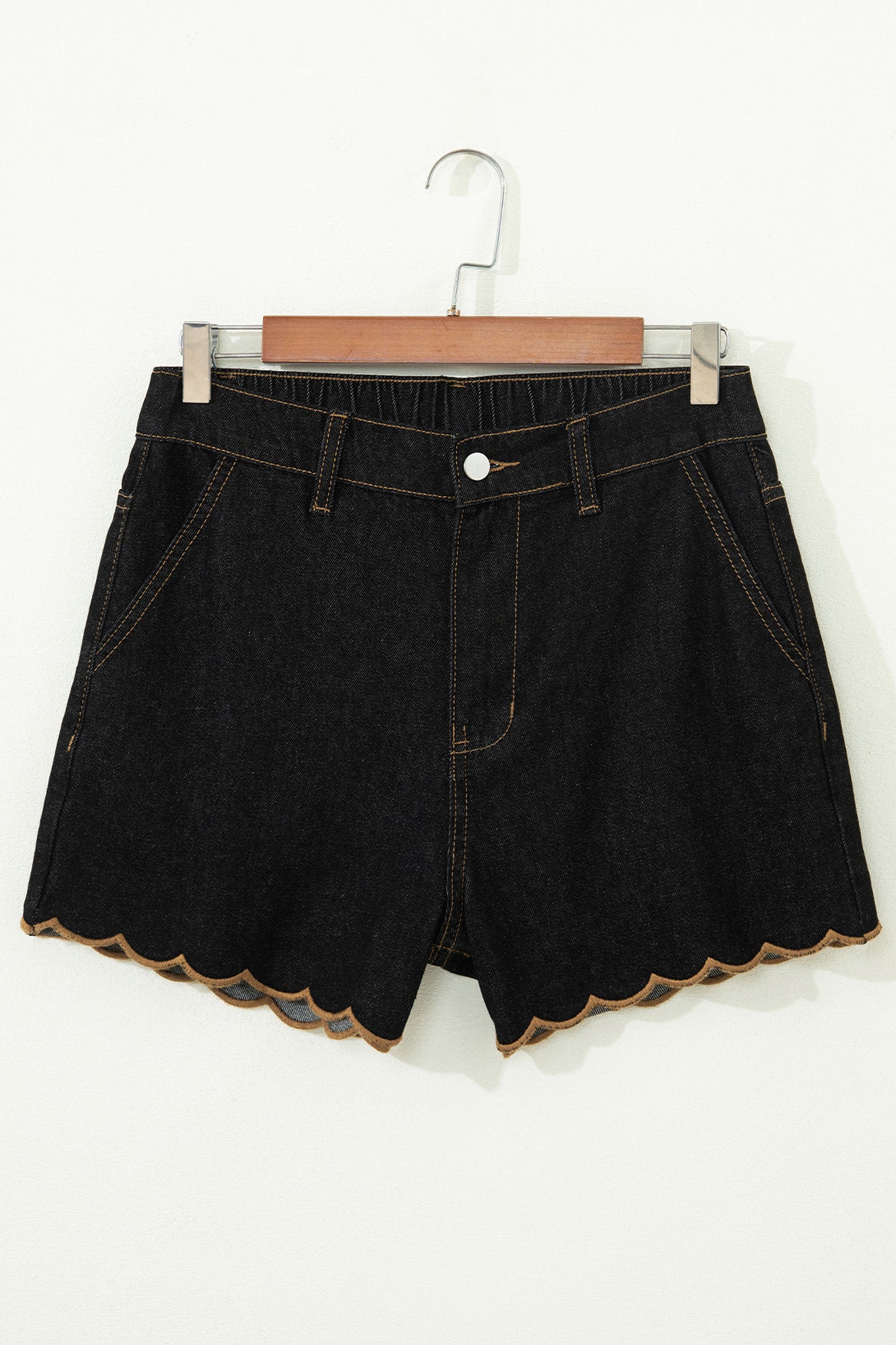 Black Embroidered Scalloped Trim Relaxed Denim Shorts