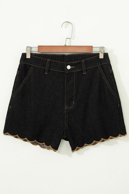 Black Embroidered Scalloped Trim Relaxed Denim Shorts