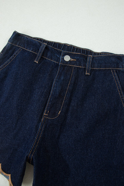 Black Embroidered Scalloped Trim Relaxed Denim Shorts