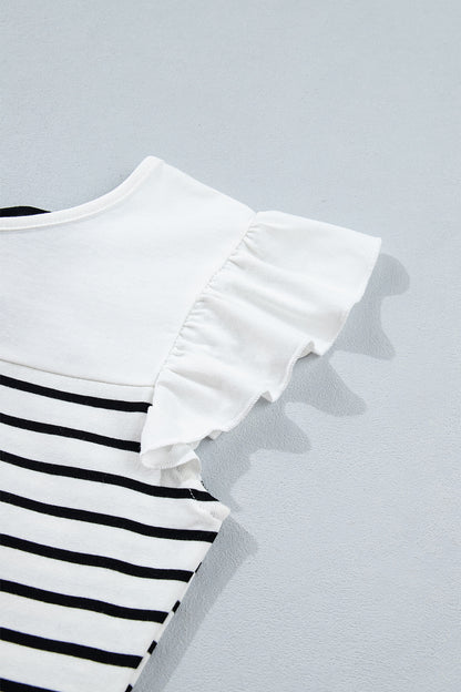 White Stripe Contrast Knot Back Ruffle Trim Tank Top