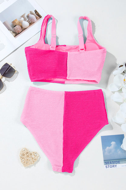 Pink Corded Colorblock Square Neck Bikini Swimsuit