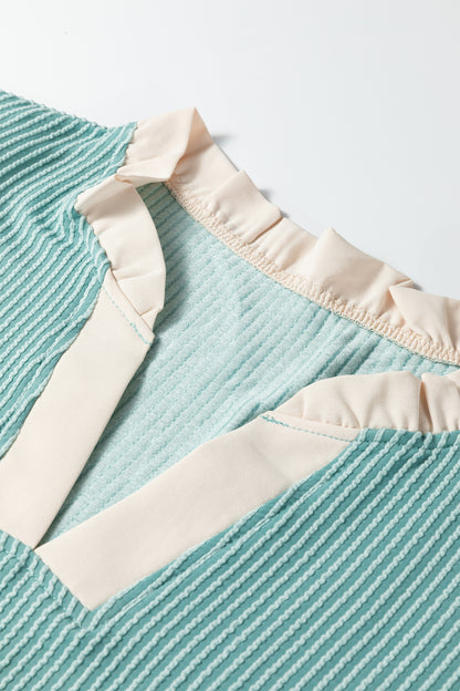 Vineyard Green Plus Size Contrast Frilled Neckline Ruffled Short Sleeve Ribbed Textured Blouse