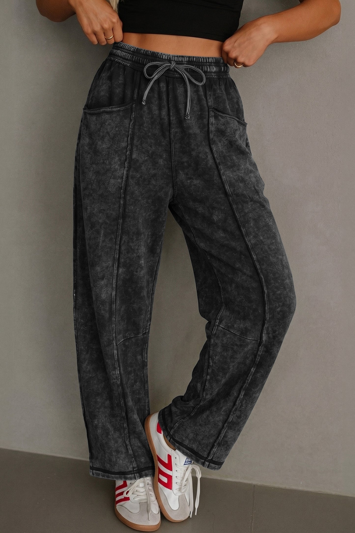 Black Mineral Wash Raw Seam Drawstring Elastic Waist Barrel Pants