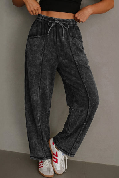 Black Mineral Wash Raw Seam Drawstring Elastic Waist Barrel Pants