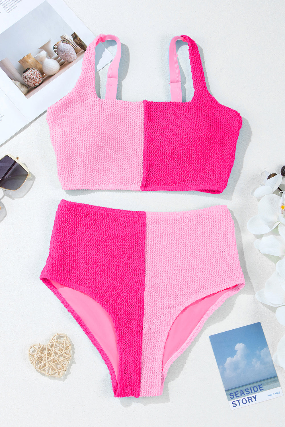 Pink Corded Colorblock Square Neck Bikini Swimsuit
