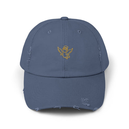 Distressed Black Cap with Gold Cherub Embroidery – Vintage Angel Baseball Hat