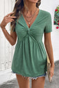 Sail Blue Twist Knot V Neck Short Sleeve Blouse