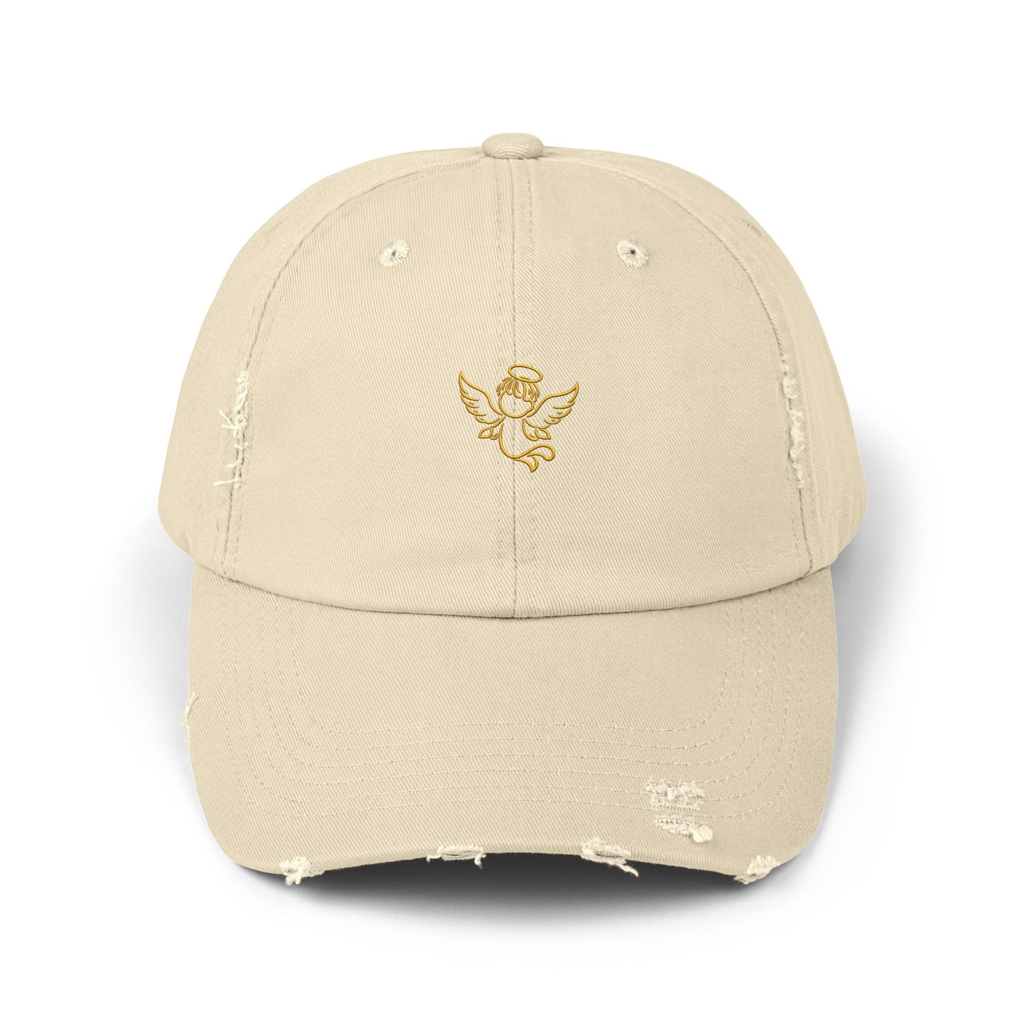Distressed Black Cap with Gold Cherub Embroidery – Vintage Angel Baseball Hat
