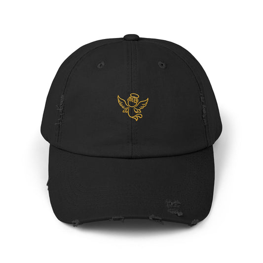 Distressed Black Cap with Gold Cherub Embroidery – Vintage Angel Baseball Hat