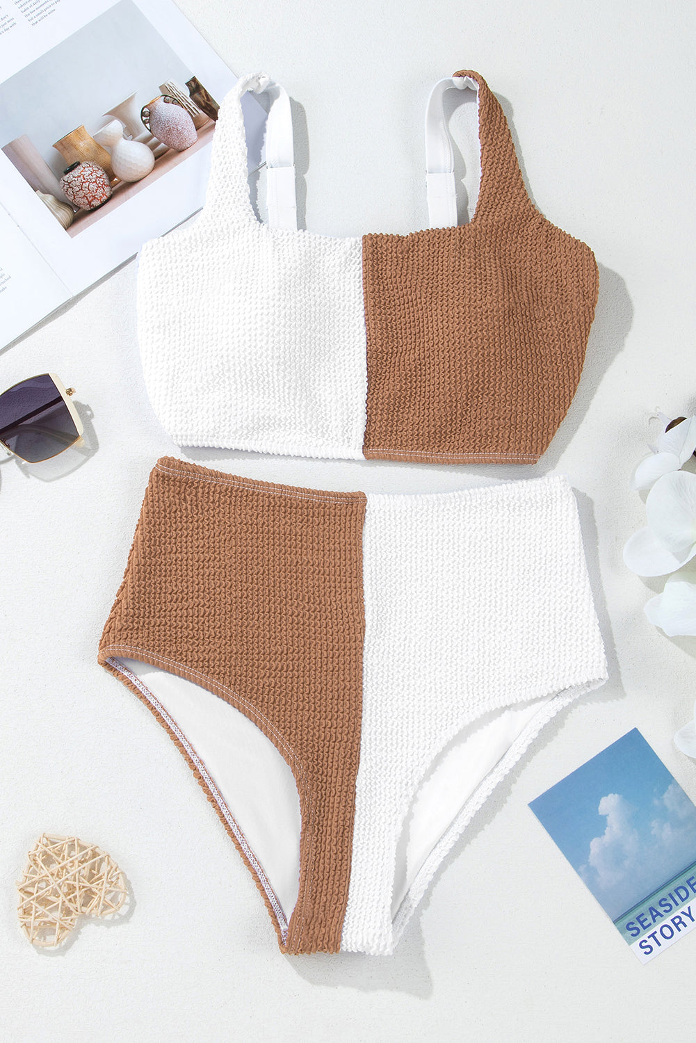Pink Corded Colorblock Square Neck Bikini Swimsuit