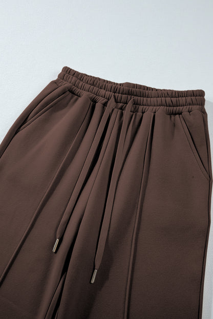 Dark Brown Solid Collared Sweatshirt and High Waist Pants Active Set