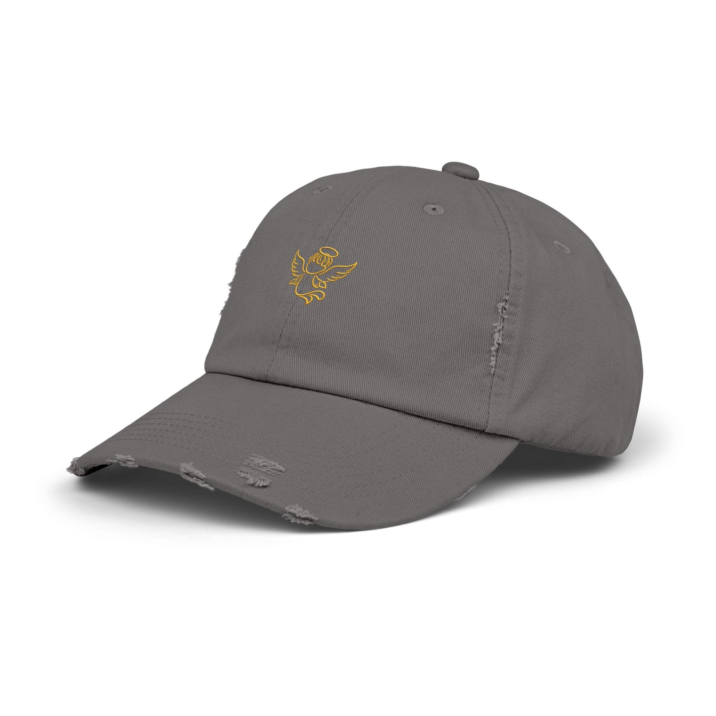 Distressed Black Cap with Gold Cherub Embroidery – Vintage Angel Baseball Hat