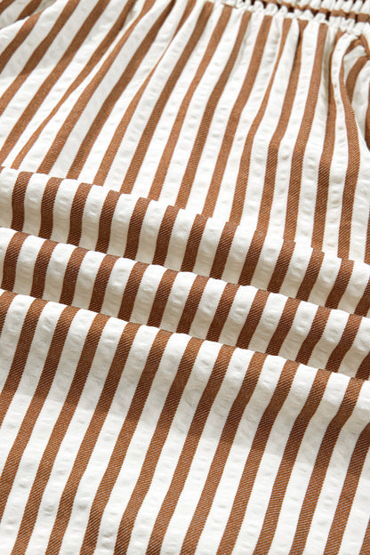 Brown Stripe Shirred V Neck Short Puff Sleeve Blouse