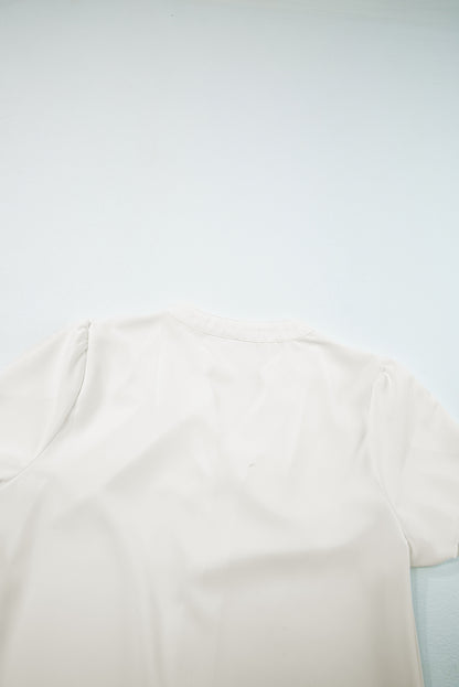 White Button Notched Neck Petal Sleeve Blouse