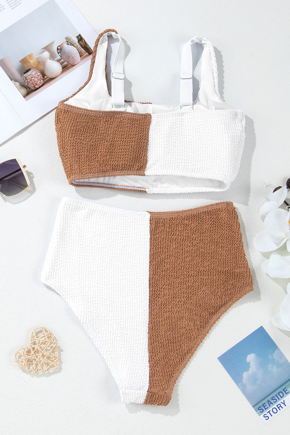Pink Corded Colorblock Square Neck Bikini Swimsuit